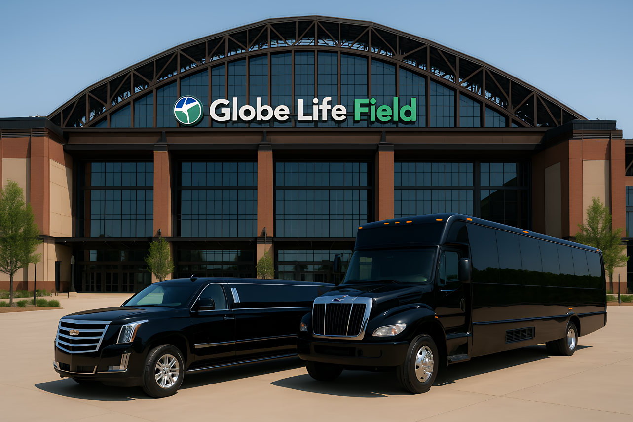 Globe Life Field with bus and limousine